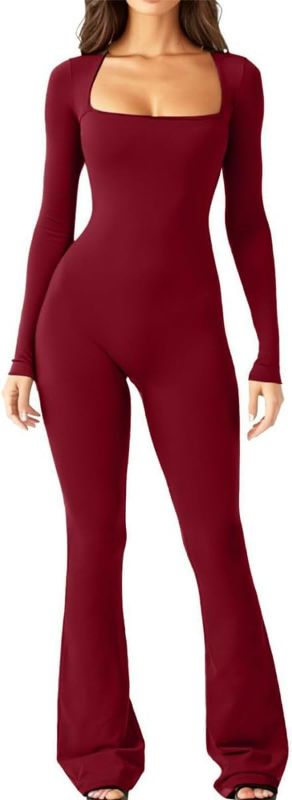 Photo 1 of Size Large Women's Long Sleeve Bodycon Jumpsuit Square Neck One Piece Yoga Workout Playsuit Stretchy Flared Bottom Pants Rompers
