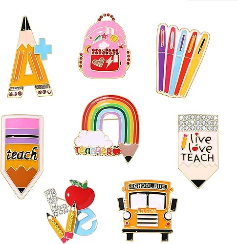 Photo 1 of Back to School Brooches Enamel Teacher Brooch Pins Cute Lapel Pin Set Rainbow Pencil Schoolbag Brooches Pin Welcome Back to School Gift for Backpack Clothes Hat Accessories,8Pcs
