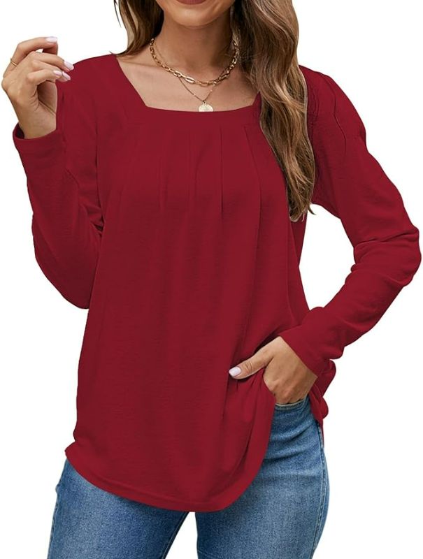 Photo 1 of Size Large Long Sleeve Shirts for Women Pleated Square Neck Tops Dressy Lightweight Tunic Blouse Fall Clothes 2023
