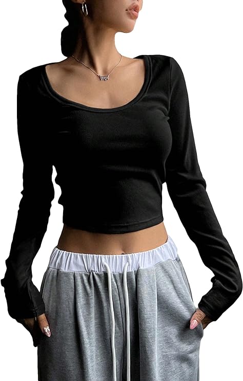 Photo 1 of Size Medium Women's Rib Knit Scoop Neck Long Sleeve Crop Tee Basic Slim Fitted T Shirt Solid Crop Tops
