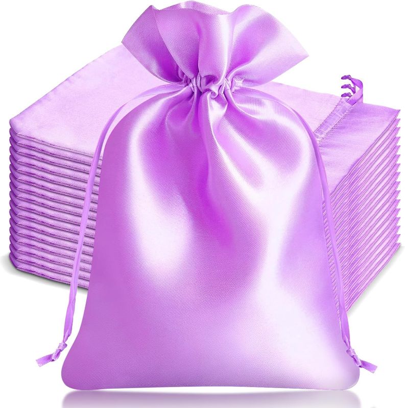 Photo 1 of SilTriangle 50 Pcs 8" x 12" Satin Gift Bags Drawstring Jewelry Bags, Wedding Favor Drawstring Bags Baby Shower Silk Candy Pouches for Valentine's Day Birthday Party Favor (Light Purple)
