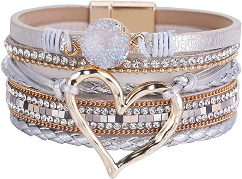 Photo 1 of Wide Wrap Leather Bracelets Women Boho Multi-layer Bracelet Heart Magnetic Clasp Cuff Bangle Jewelry Gift