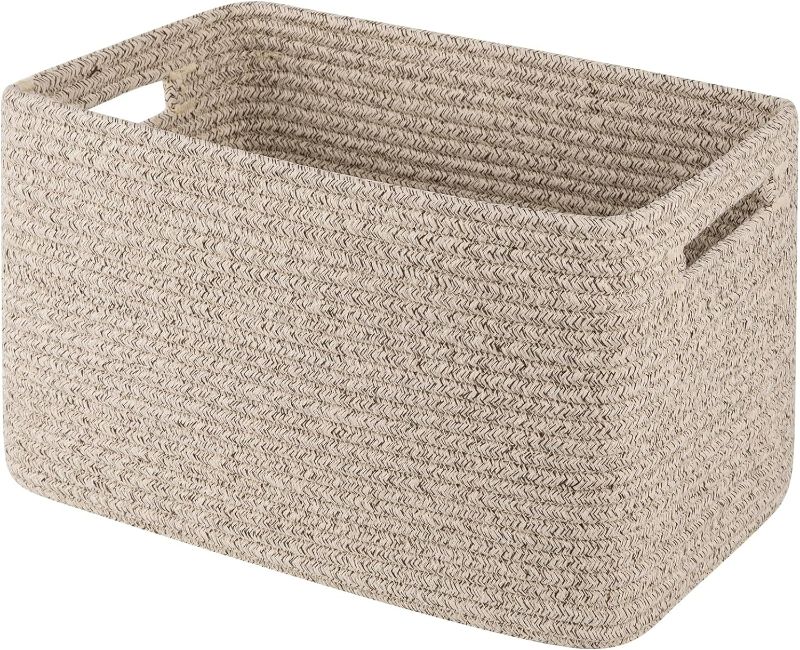 Photo 1 of OIAHOMY Cotton Rope Woven Storage Baskets for Shelves, Rectangle Storage Bins with Handles, Towel Basket - Brown
