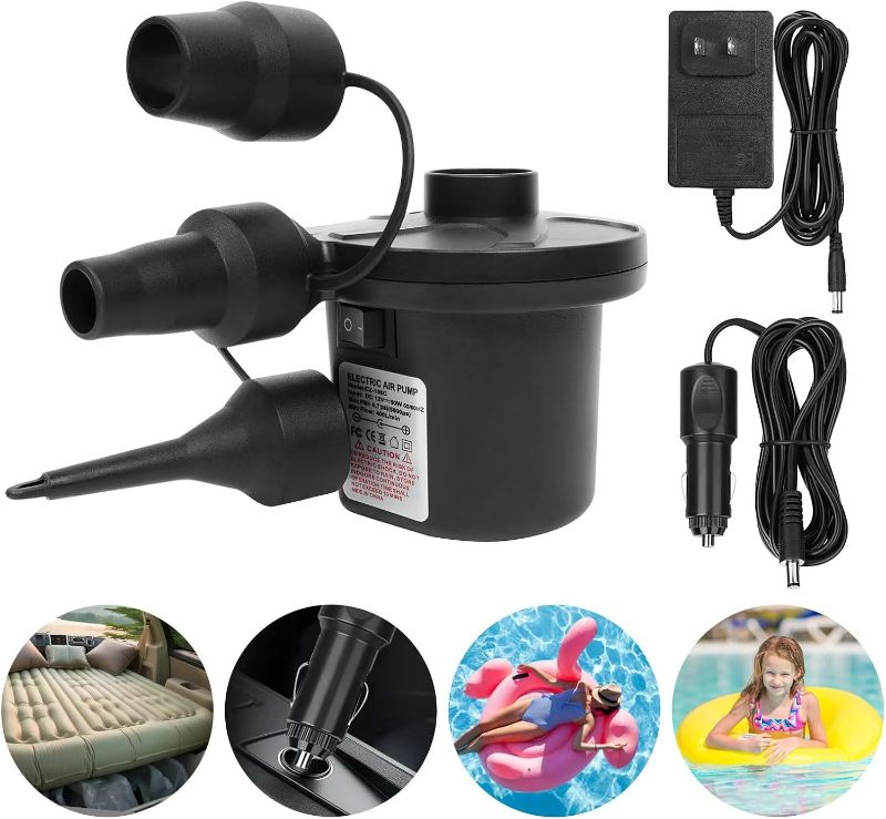 Photo 1 of Electric Air Pump,110V AC/12V DC, 5000PA 50W Portable Quick-Fill,Car Power Adapter,Inflator/Deflator Pumps with 3 Nozzles,for Outdoor Camping, Swimming Ring,Inflatable Cushions,Air Mattress Beds
