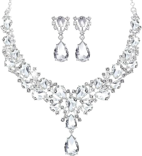 Photo 1 of Hicarer Bridal Teardrop Cluster Crystal Jewelry Set for Women Necklace Earrings Wedding
