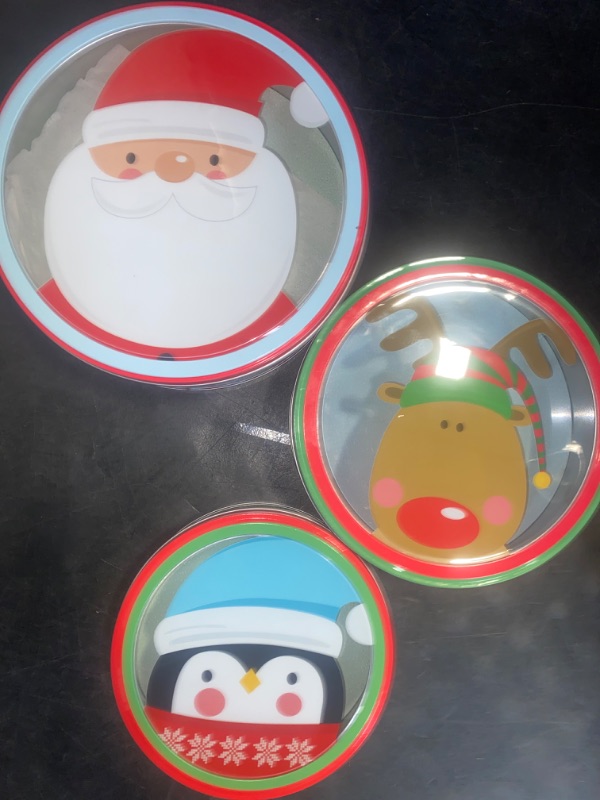 Photo 2 of  Pieces Christmas Cookie Tins with Lids for Gift Giving, Christmas Santa Claus and Snowman Printed Round Metal Tins with Lids for Cookies, Candy, Food Presents for Xmas Holiday Party