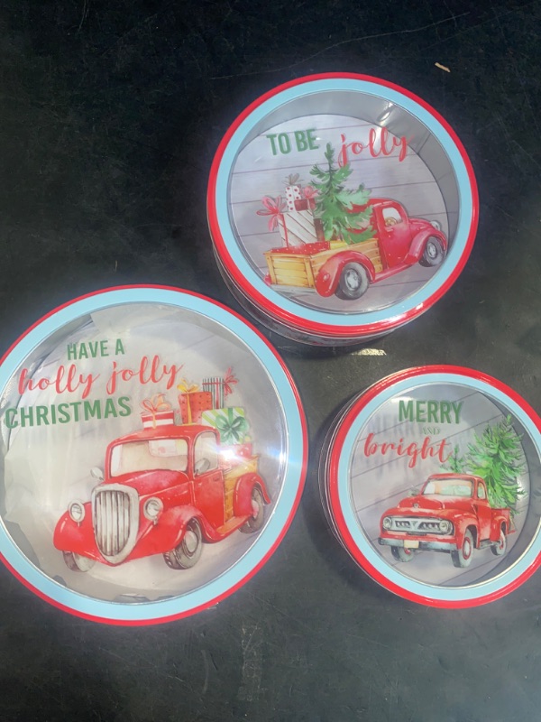 Photo 2 of  *Dented* 3 Pieces Christmas Cookie Tins with Lids for Gift Giving, Christmas Santa Claus and Snowman Printed Round Metal Tins with Lids for Cookies, Candy, Food Presents for Xmas Holiday Party