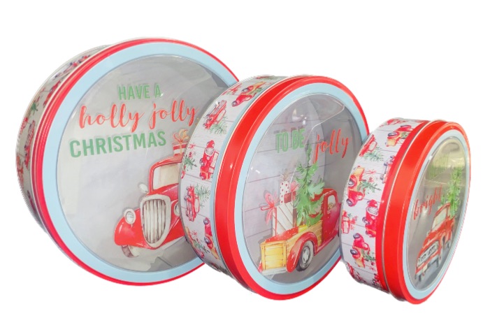 Photo 1 of  3 Pieces Christmas Cookie Tins with Lids for Gift Giving, Christmas Santa Claus and Snowman Printed Round Metal Tins with Lids for Cookies, Candy, Food Presents for Xmas Holiday Party