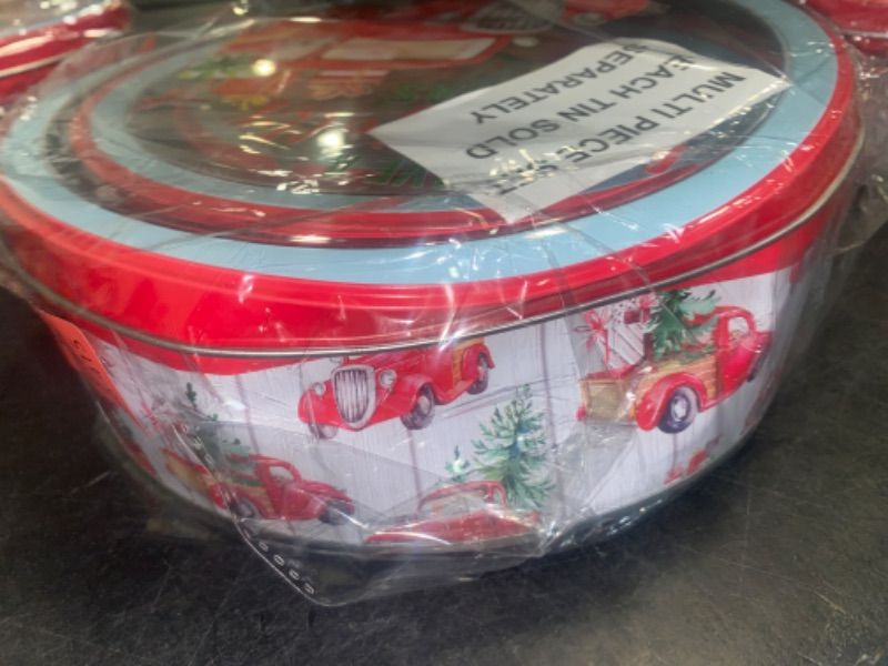 Photo 3 of  *Dented* 3 Pieces Christmas Cookie Tins with Lids for Gift Giving, Christmas Santa Claus and Snowman Printed Round Metal Tins with Lids for Cookies, Candy, Food Presents for Xmas Holiday Party