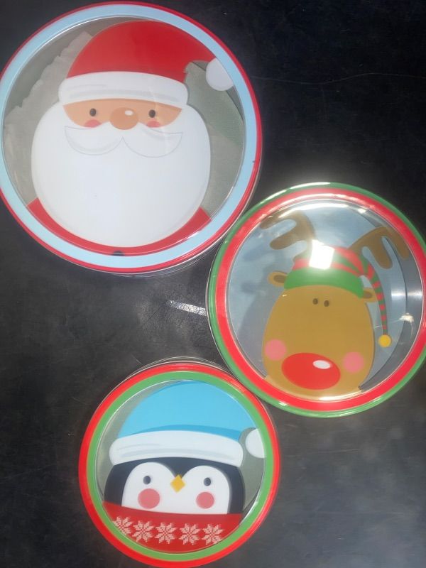 Photo 2 of 3-Pieces Christmas Cookie Tins with Lids for Gift Giving, Christmas Santa Claus and Snowman Printed Round Metal Tins with Lids for Cookies, Candy, Food Presents for Xmas Holiday Party