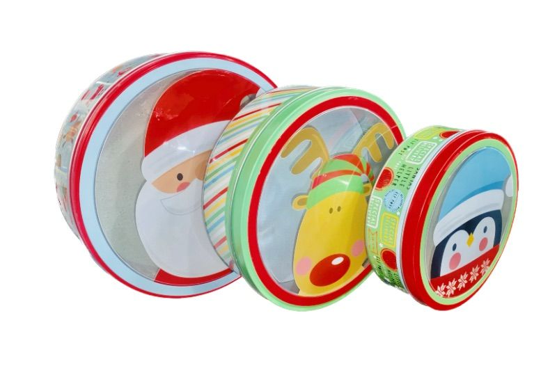Photo 1 of 3-Pieces Christmas Cookie Tins with Lids for Gift Giving, Christmas Santa Claus and Snowman Printed Round Metal Tins with Lids for Cookies, Candy, Food Presents for Xmas Holiday Party