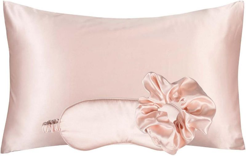 Photo 1 of Silk Sleep Set, Silky Pillowcase with Large Scrunchie and Eye Mask for Hair and Skin, Self Care Essential Satin Night Routine Kit (Blush Color)
