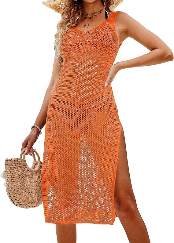 Photo 1 of Size X-Large Women's Crochet Cover Ups Hollow Out Sleeveless Swimsuit Coverup V Neck Summer Beach Dress
