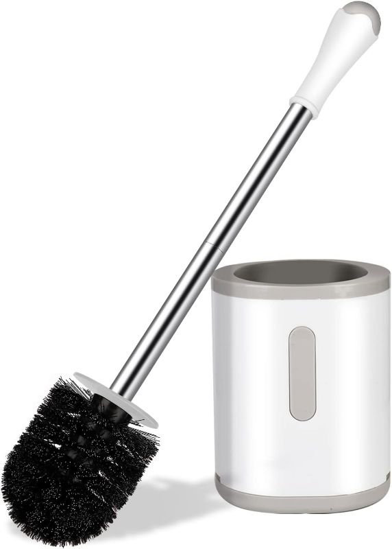 Photo 1 of Compact Toilet Brush & Holder, Stainless Steel Handle, Space Saving for Storage, Deep Cleaning, Drip-Proof, Easy to Assemble, Nylon Bristles, White & Grey
