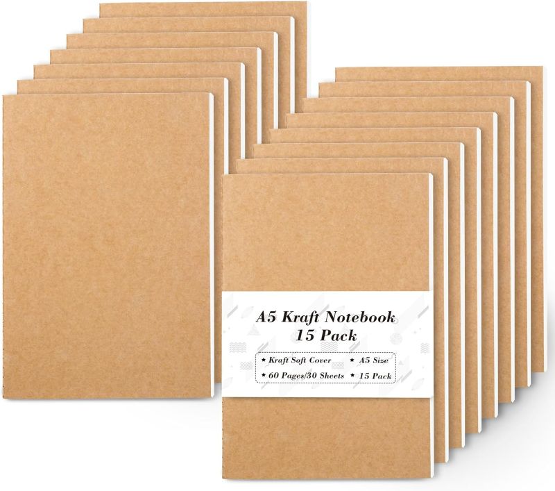 Photo 1 of feela 15 Pack A5 Kraft Notebooks, 60 Lined Blank Pages Travel Journal Bulk, Soft Cover Notebooks for Women Girls Students, Making Plans Writing Memos Office School Supplies, 8.3 X 5.5 in

