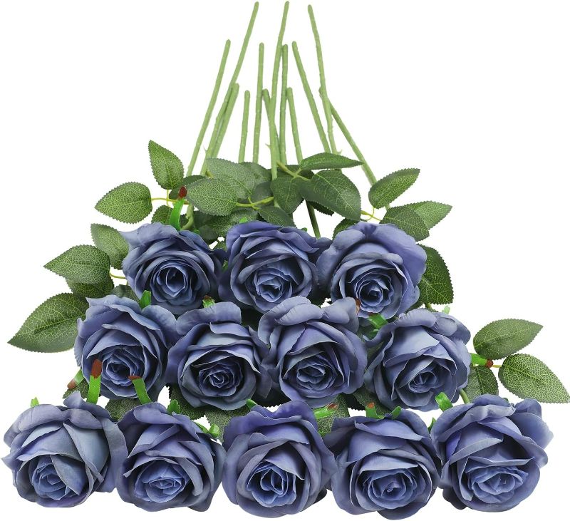 Photo 1 of Tifuly Dusty Blue Roses Artificial Flowers, 12Pcs Realistic Long Single Stem Faux Silk Rose Bouquet for Wedding Party Home Centerpiece Hotel Office Decor
