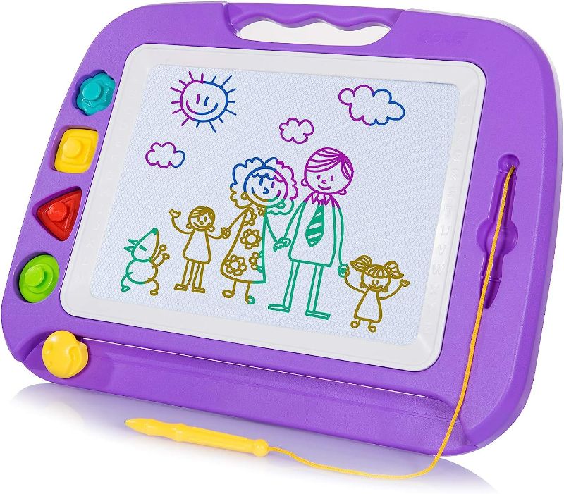 Photo 1 of SGILE Large Magnetic Drawing Board - 4 Colors 16×13in Writing Painting Doodle Pad with 4 Stamps for Toddlers, Learning Educational Toy Etch Sketch Gift for 36+ Month Kids Girls Boys, Purple
