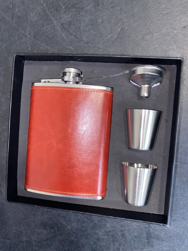 Photo 2 of Stainless Steel Leather Flask 8oz Gift Set Box - Hip Flask for Men & Women - Leak Proof Whiskey Flask with Cups & Funnel - Rust Proof Drinking Flasks for Liquor - Pocket Flask Set
