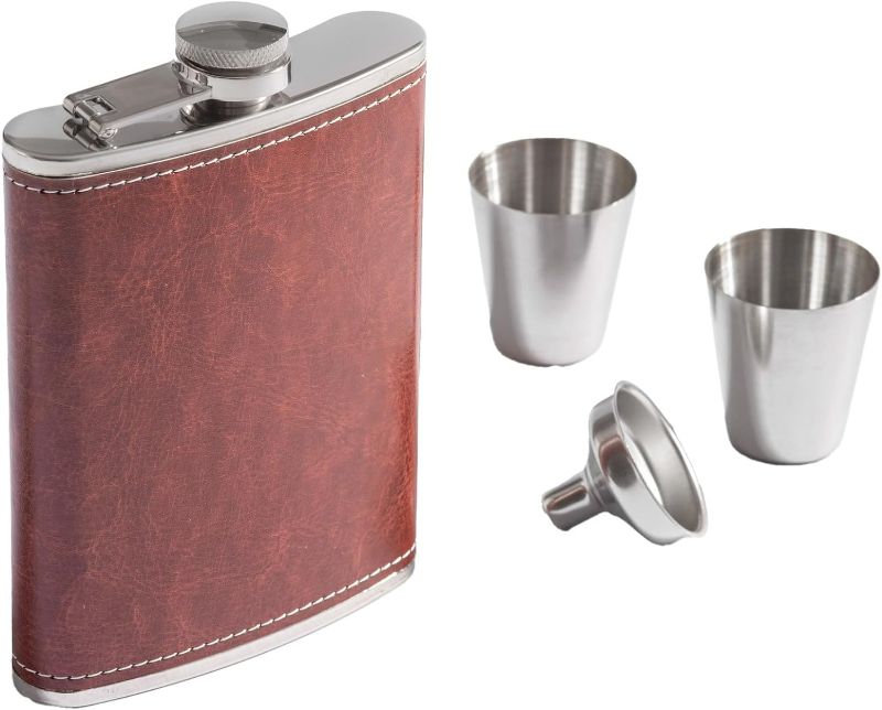 Photo 1 of Stainless Steel Leather Flask 8oz Gift Set Box - Hip Flask for Men & Women - Leak Proof Whiskey Flask with Cups & Funnel - Rust Proof Drinking Flasks for Liquor - Pocket Flask Set
