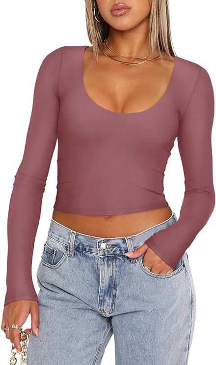 Photo 1 of Size X-Large REORIA Women's Casual Scoop Neck Double Lined Long Sleeve Slim Fitted Tshirts Y2K Workout Crop Tops
