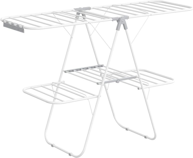 Photo 1 of SONGMICS Clothes Drying Rack, Foldable 2-Level Laundry Drying Rack, Free-Standing Large Drying Rack, with Height-Adjustable Wings, 33 Drying Rails, Sock Clips, White and Gray ULLR053G01
