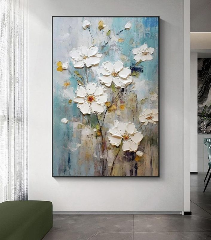 Photo 1 of Hand-Painted White Flowers Oil Painting On Canvas for Living Room-Black Framed Floral Canvas Wall Art for Office-Large Modern Artwork Framed Ready to Hang for Home Decoration 32x48 inches
