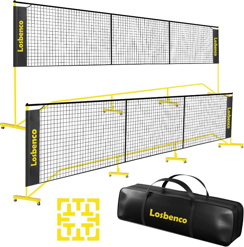 Photo 1 of Pickleball Net with Wheels Court Lines, Metal Frame & Regulation Size 22FT, 6-in-1 Adjustable Portable Net for Playing Pickleball, Tennis, Volleyball & Soccer and Backyard Games

