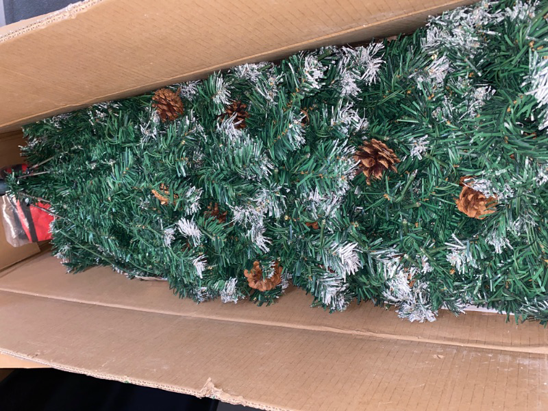 Photo 2 of 7.5ft Prelit Flocked Christmas Tree | Pre-Decorated Artificial Fluffy Xmas Tree with 600 Lights (Warm & Colorful, 11 Modes),1400 White Tips, 76 Pinecones, Gloves, Storage Bag, Metal Base