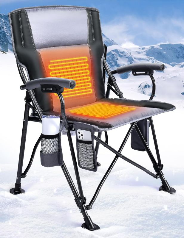 Photo 1 of Heated Camping Chair for Adults, Heats Back and Seat, 3 Heat Levels, Fully Padded Heated Folding Chair for Outdoor Sports with Cup Holder, Rich Pockets, Battery NOT Included
