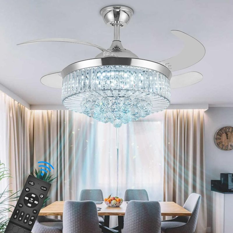 Photo 1 of 42 Inch Crystal Ceiling Fans with Lights, Modern Dimmable Fandelier LED Remote Control Retractable Invisible Blades Indoor Reversible Ceiling Light Kits with Fans for Decorate Living Room Bedroom
