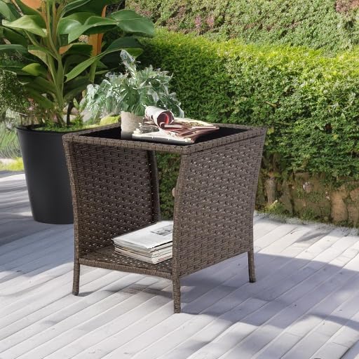 Photo 1 of Outdoor Side Table - Outdoor Wicker End Side Tables for Patio with Storage Shelf, Brown
