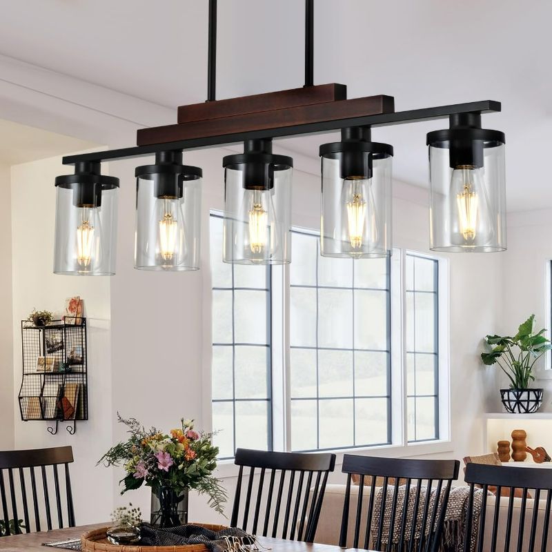 Photo 1 of Dining Room Light Fixture/Chandelier Over Table,5-Light Kitchen Island Lighting Hanging for Farmhouse Linear Chandeliers Matte Black Rustic Wood Ceiling Pendant Light Fixtures with Clear Glass Shade

