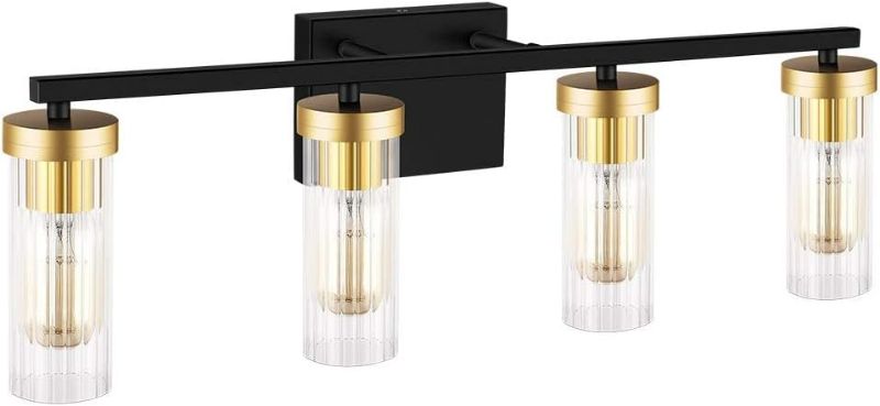 Photo 1 of BDL Bathroom Vanity Light Fixtures New Black Gold 4 Lights Clear Glass Shade Modern Wall Bar Sconce Over Mirror (Exclude bulb)
