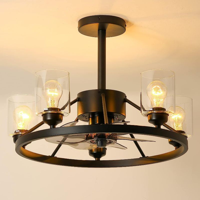 Photo 1 of 24" Modern Black Ceiling Fan with Light, 7 Blades Farmhouse Chandelier Ceiling Fans with Lights and Remote Control, 5 Glass Lampshades, 3-Speed Reversible Fandelier for Living Room Bedroom
