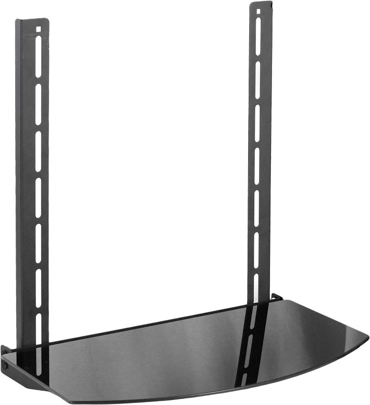 Photo 1 of VIVO Under above VESA Back of TV Wall Mount Shelving Bracket with Tilt, DVD Player, Cable Box, Stereo, and AV Component Glass Storage Shelf, Black, MOUNT-SF04R
