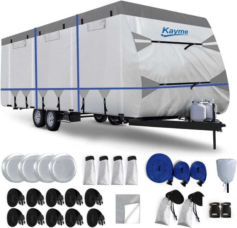 Photo 1 of Kayme 300D Oxford Travel Trailer RV Cover, Tearproof Waterproof Windproof 28-31ft Camper Cover, RV Tarp Anti-UV Snowproof with Zipper Door, Wind Protector Straps?4 Tire Covers, and Jack Cover.
