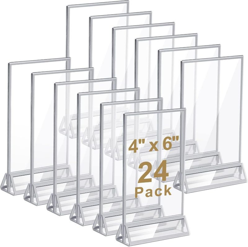 Photo 1 of 24 Pieces 4 x 6 Clear Acrylic Sign Holder with Silver Borders and Vertical Stand, Double Sided Table Menu Holders Picture Frames for Wedding Table Numbers, Restaurant Signs, Photos and Art Display
