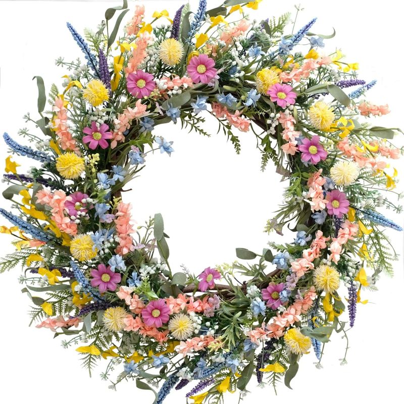 Photo 1 of 24 Inch Spring Summer Colorful Flower Wreath for Front Door, Forsythia Lavender Wild Flowers Wreath for Home Decor, Colorful Wild Flowers with Green Leaves Wreath for Everyday
