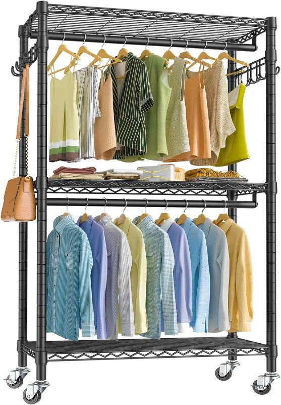 Photo 1 of VIPEK V12 Heavy Duty Rolling Garment Rack 3 Tiers Adjustable Wire Shelving Clothes Rack with Double Rods and Side Hooks, Freestanding Wardrobe Storage Rack Metal Clothing Rack, Black
