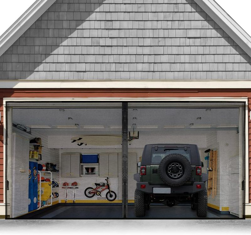 Photo 1 of Garage Door Screen For 2 Car 16x7FT, Magnetic Screen Garage with Retractable Fiberglass Mesh and Heavy Duty Weighted Bottom, Easy Assembly & Pass, Hands Free Screen Door w/ 36 Magnets for Garage/Patio
