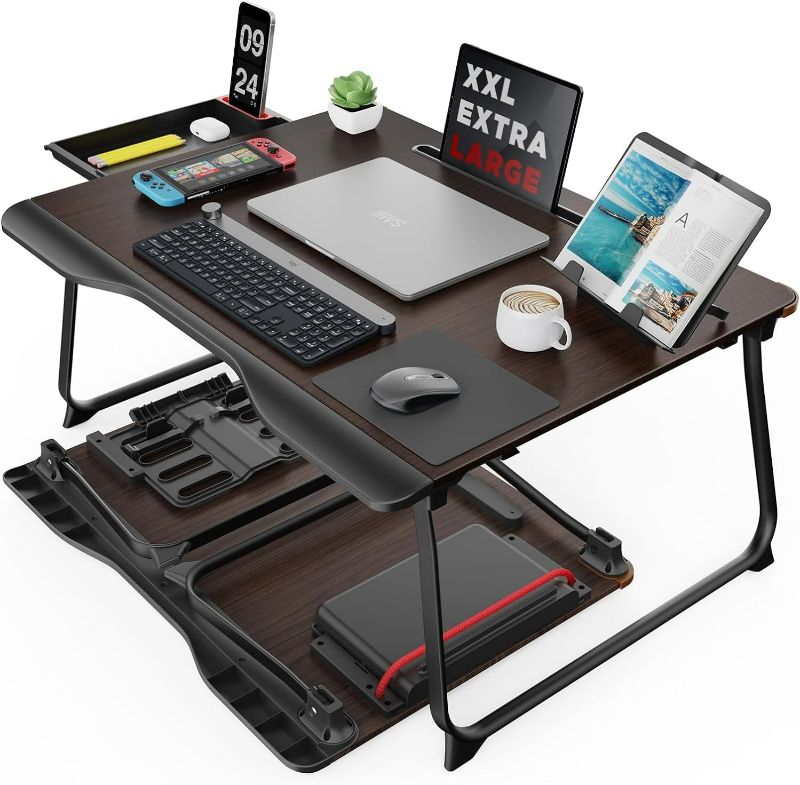 Photo 1 of Laptop Desk for Bed, SAIJI XX-Large Foldable Bed Tray Table for Eating Breakfast, Writing, Working, Gaming, Drawing with Storage Drawer, Handrest Bookstand, Tablet Stand, Phone Stand(Black Cherry)
