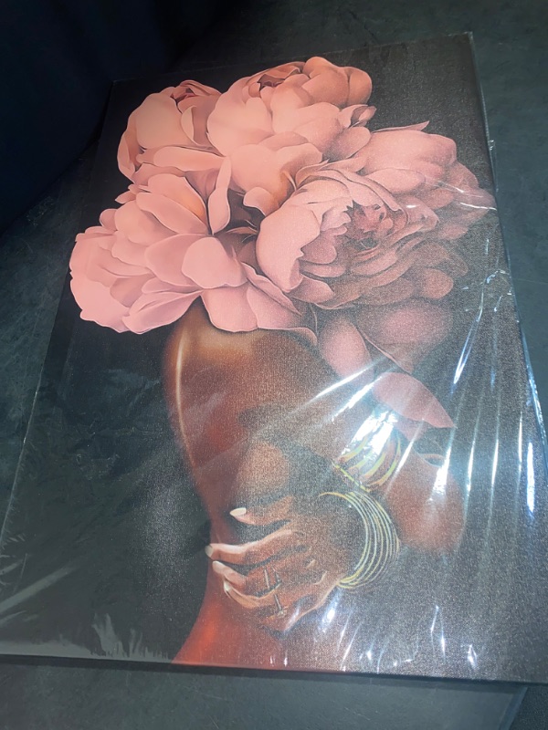 Photo 2 of African American Wall Art Pink Flower on Black Women Head Vintage Canvas Art Paintings Modern Abstract Girl Picture Home Wall Decor for Bedroom Living Room, Framed Ready to Hang (Pink, 16x24inch)
