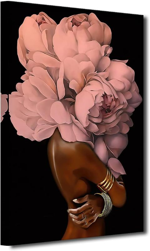 Photo 1 of African American Wall Art Pink Flower on Black Women Head Vintage Canvas Art Paintings Modern Abstract Girl Picture Home Wall Decor for Bedroom Living Room, Framed Ready to Hang (Pink, 16x24inch)
