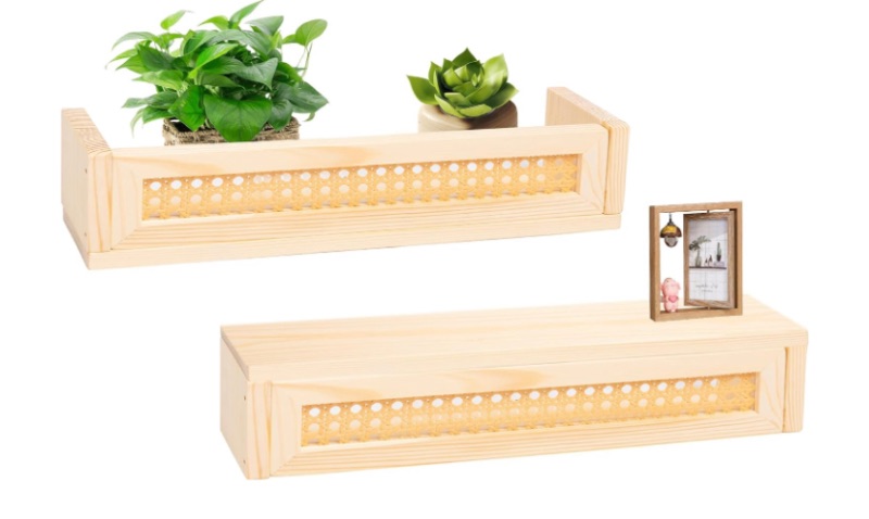 Photo 1 of Defined Deco 16” Rattan Shelf Set of 2 for Wall Decor, Boho Rattan Bookshelves Wood Hanging Floating Shelves for Kids Room, Baby Bookcase for Nursery, Hanging Bookshelves for Playroom, Bedroom Decor
