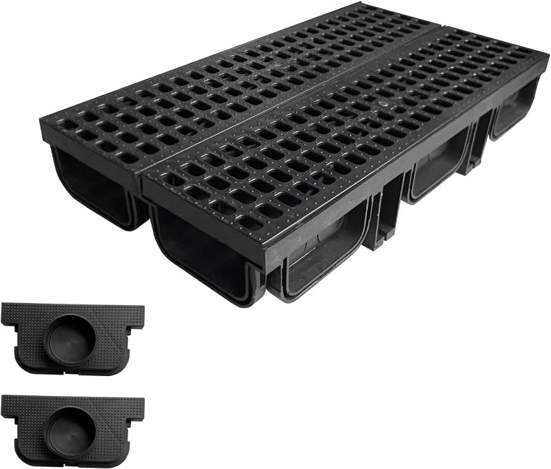 Photo 1 of HDPE Trench Drain System-19.7Lx5.5Wx3.7H in. Channel Drain with Grates,2 Pack Total Length 39.4 in,Yard Drainage Systems with 2 Outlet Adapter for Outdoor,Yard Fence,Pool,Sidewalk,Patio
