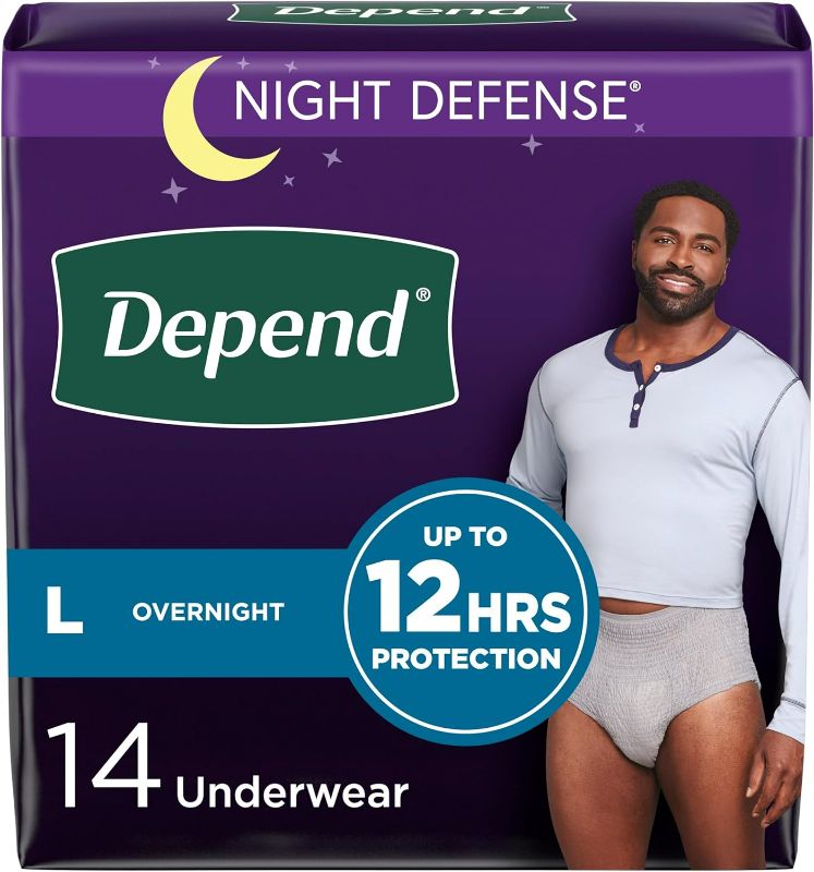 Photo 1 of Depend Night Defense Adult Incontinence Underwear for Men, Disposable, Overnight, Large, Grey, 14 Count, Packaging May Vary
