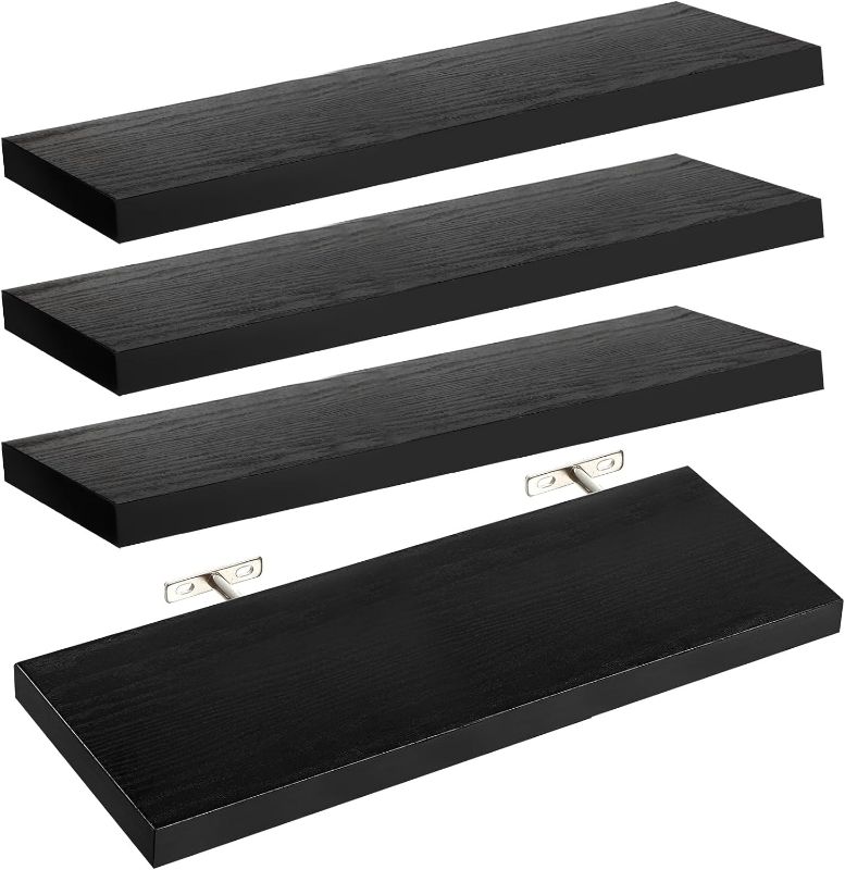 Photo 1 of Set of 4 Black Floating Shelves 11.2'' Rustic Wood Wall Shelves Wall Mounted Decorative Shelves for Living Room Kitchen Bedroom Bathroom Farmhouse Books Storage Room Decor with 22lbs Capacity
