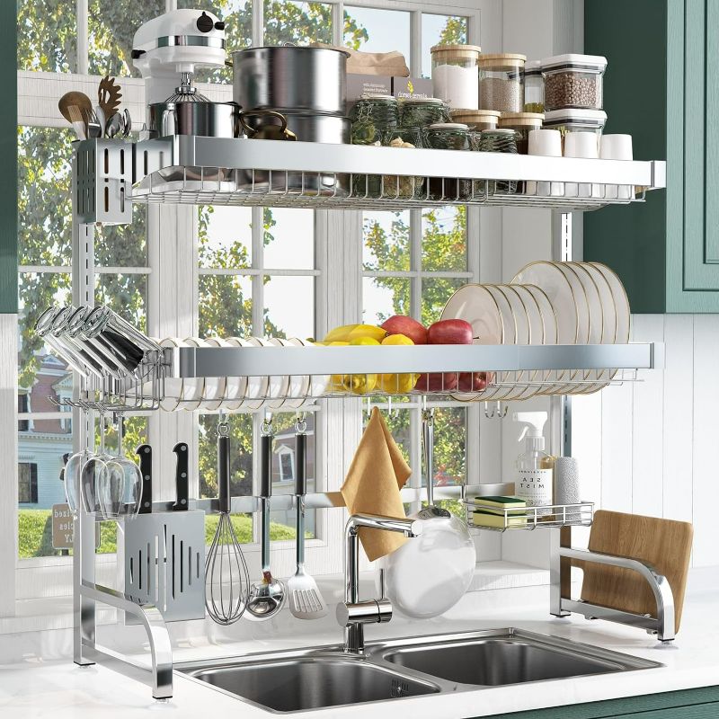 Photo 1 of BOOSINY Over Sink Dish Drainer Drying Rack,Adjustable (25.5"-35.5") 3 Tier Large Dish Racks for Kitchen Storage Counter Organizer,Full 304 Stainless Steel Shelf with Utensil Holder, Silver
