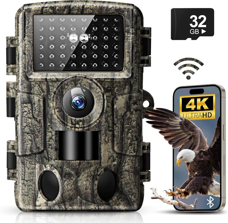 Photo 1 of WiFi Trail Camera, 4k 60MP Game Camera with Night Vision Ip66 Waterproof 130°Wide Angle 0.1s Trigger Speed,Suitable for Outdoor Wildlife Detection, Monitoring Home Security