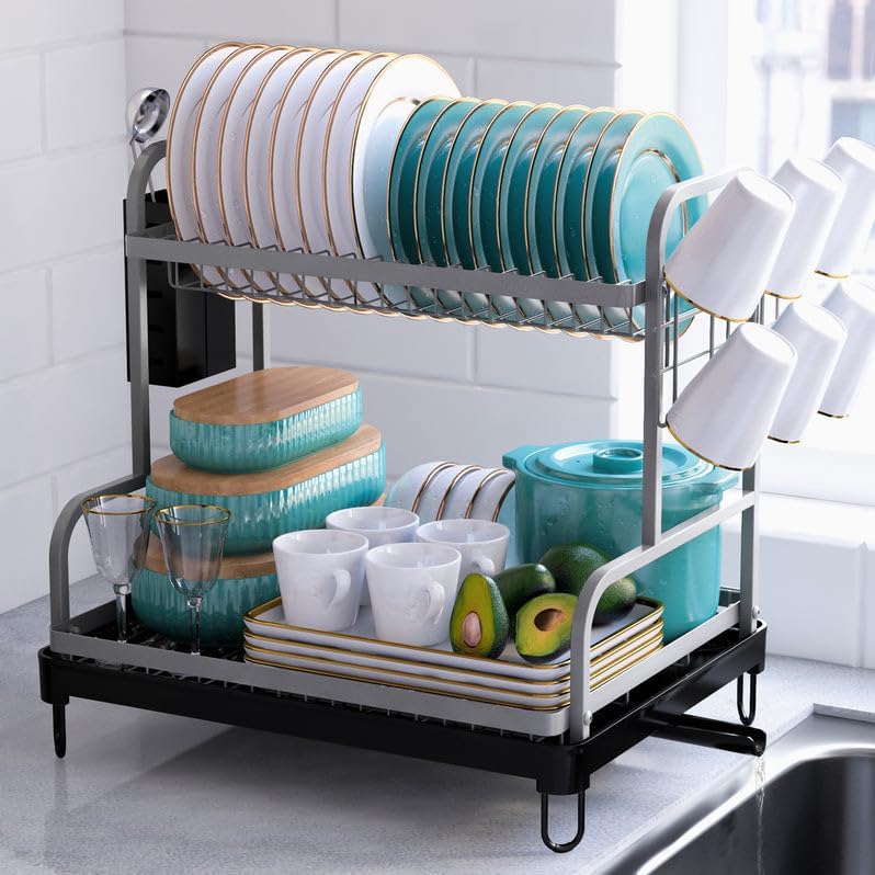 Photo 1 of Kitsure Dish Drying Rack - Multipurpose 2-Tier Dish Rack, Dish Drainers for Kitchen Counter, Large-Capacity Dish Dryer, Kitchen Drying Rack for Dishes w/Cutlery Holder & Cup Holder